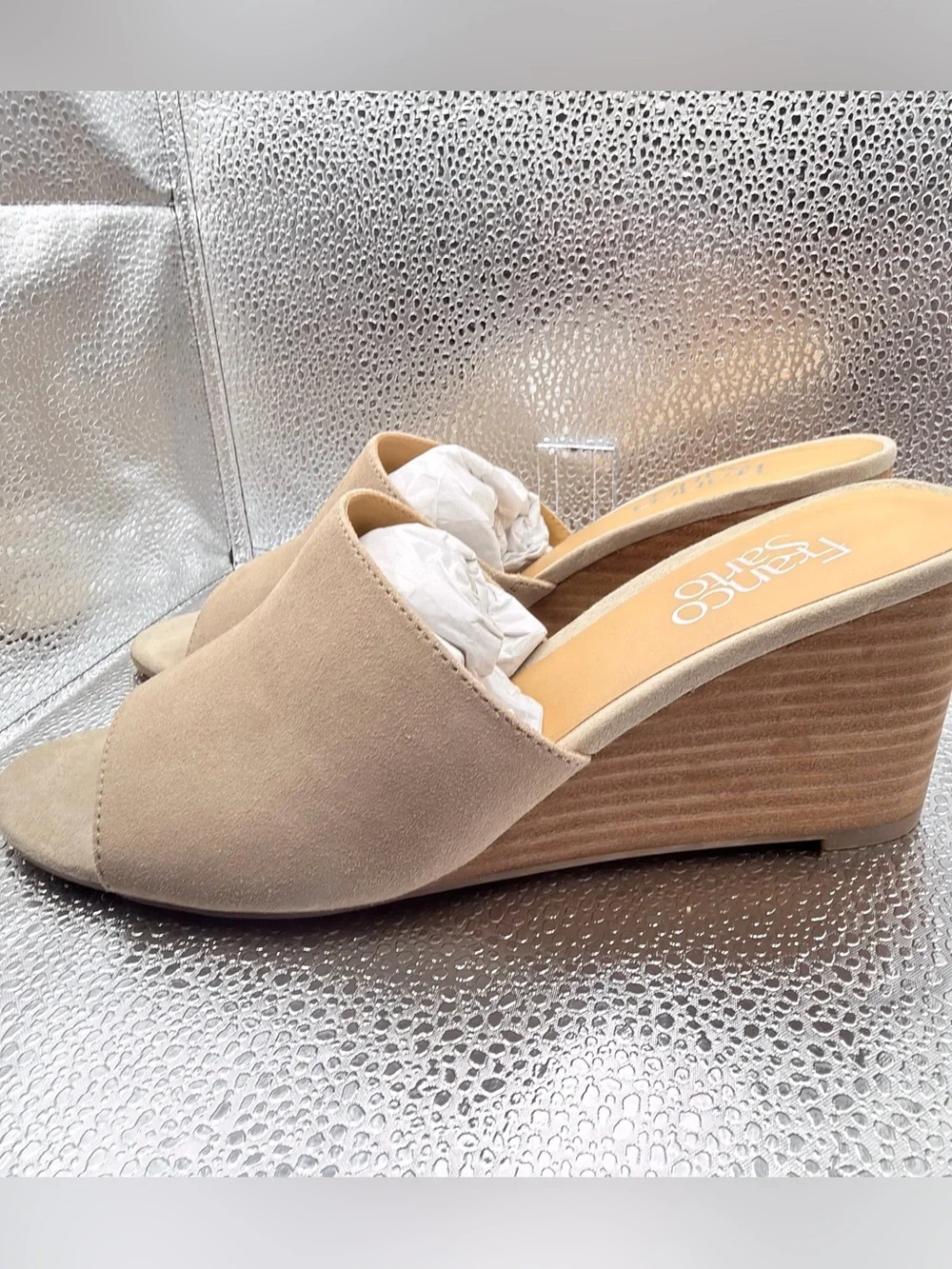 Franco Sarto Beige Suede Wedge Slide Sandals